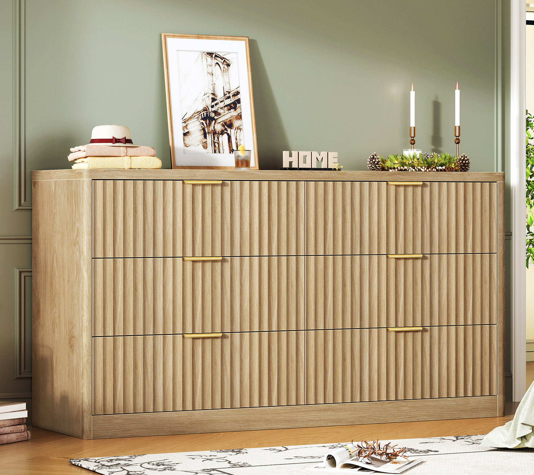 Fluted Drawer Dresser For Bedroom, Modern Chest Of Drawers, Wood Closet Clothes Organizer For Bedroom, Hallway, Natural - 29.5" H x 56.3" W x 15.8" D