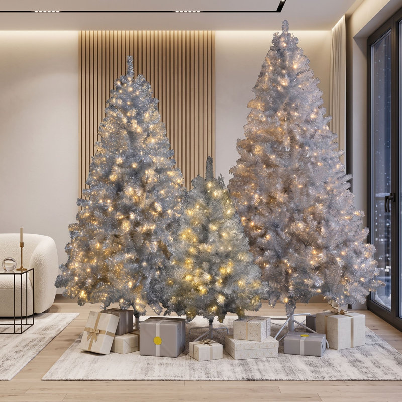 Ensemble de sapins de Noël artificiels pré-illuminés à charnières de 1,20 m, 1,80 m et 2,25 m, avec 2 400 extrémités de branches en PVC et 850 lumières DEL pour la maison, le bureau ou l'école.