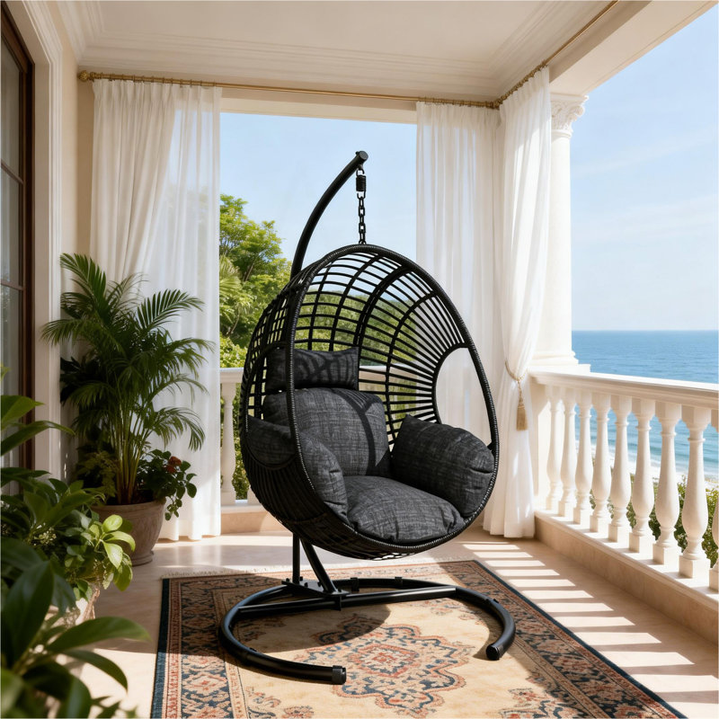 Balancelle d'extérieur en osier noir (chaise seulement, sans support, sans chaînes) - Panier avec coussin inclus