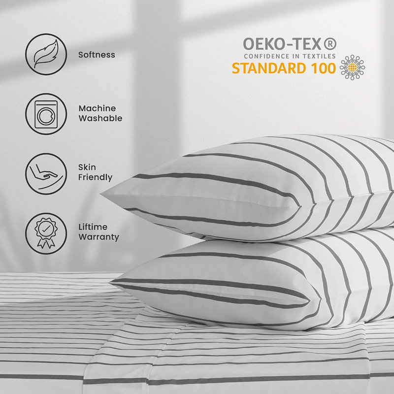 Striped Microfiber Sheet Set, Double Brushed Soft Bedding with Deep Pocket, Full Sheet Set + Fitted Sheet + 2 Pillowcases