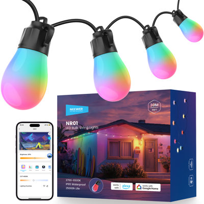 Guirlande de 96 lumières pour l'extérieur, App Control Smart Ai RVBW à intensité variable suspendue à l'extérieur du patio, balcon, éclairage de cour arrière, 30 ampoules DEL / 53 scènes / 2700K-6500K, compatible avec Alexa, NR01