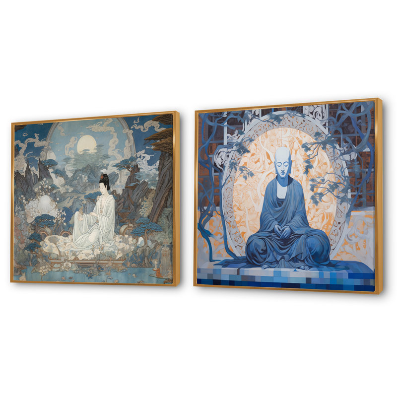 Gros plan sur une statue de Bouddha doré - ensemble de 2 collages spirituels carrés, Cadre flottant doré, H 16 po x l 33 po