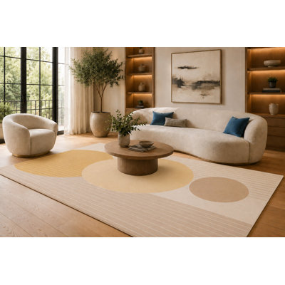 Tapis à rayures cercles minimalistes crème et jaune 6 pi 7 po x 9 pi 10 po pour salon, tapis moelleux à poils courts avec envers en silicone antidérapant, décoration de plancher pour la chambre à coucher, la salle à manger et le bureau personnel
