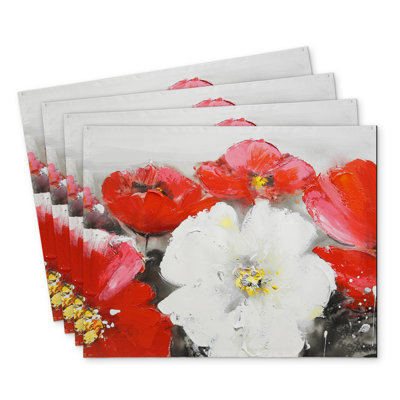 Red and White Flowers Field Polyester Mindaugas Set of 4