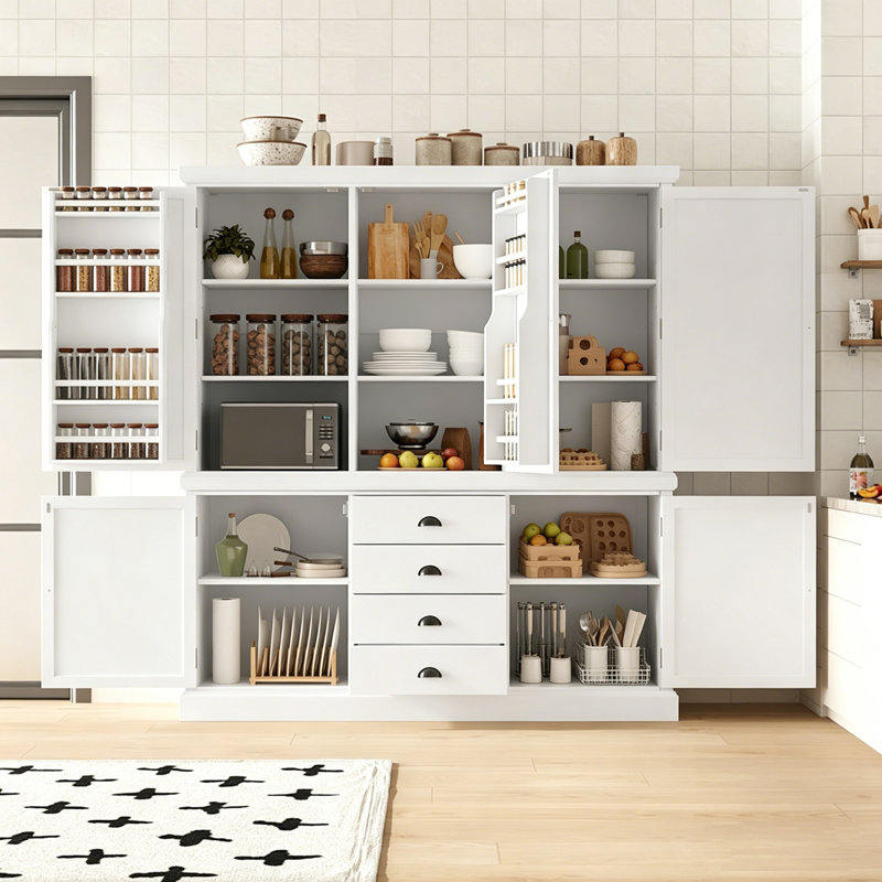 Garde-manger autoportant en bois avec tiroirs, tablettes de porte et tablettes réglables, Blanc
