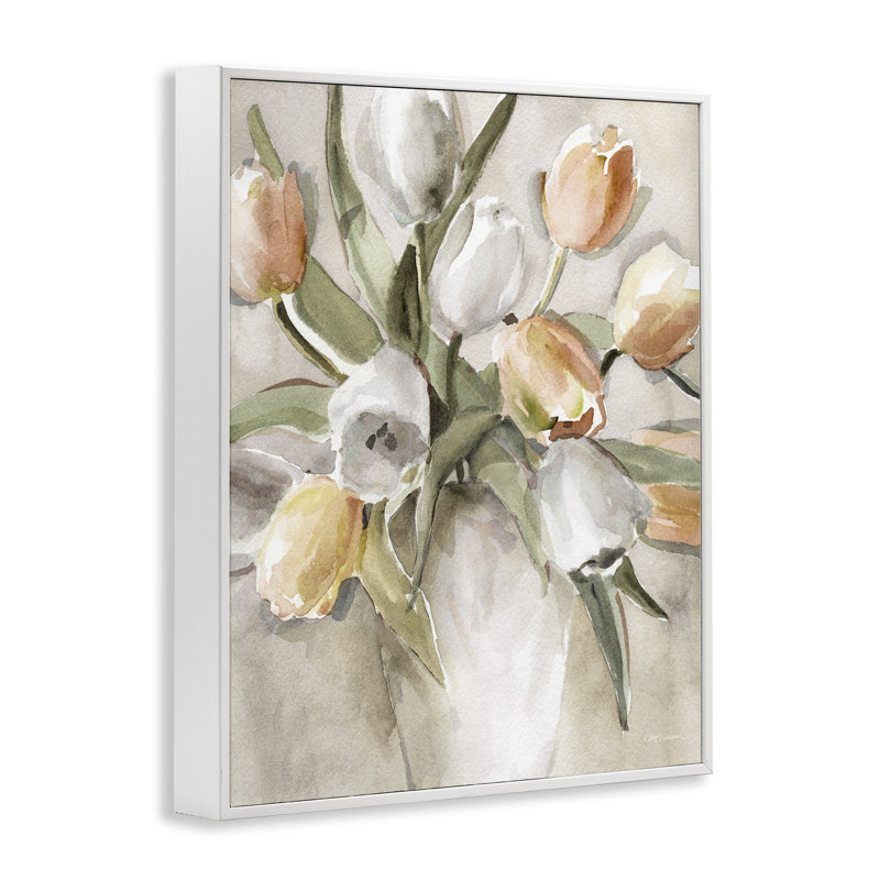 «Peach Tulips Bouquet», estampe numérique de Carol Robinson, H 14 po x l 11 po, Estampe numérique encadrée blanc bord de mer