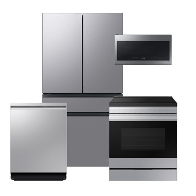 Samsung Bespoke Stainless Steel Kitchen Package With 29 Cu. Ft. Smart BESPOKE 4-Door French-Door Refrigerator With Customizable Panel Colors And Beverage Center In Stainless Steel