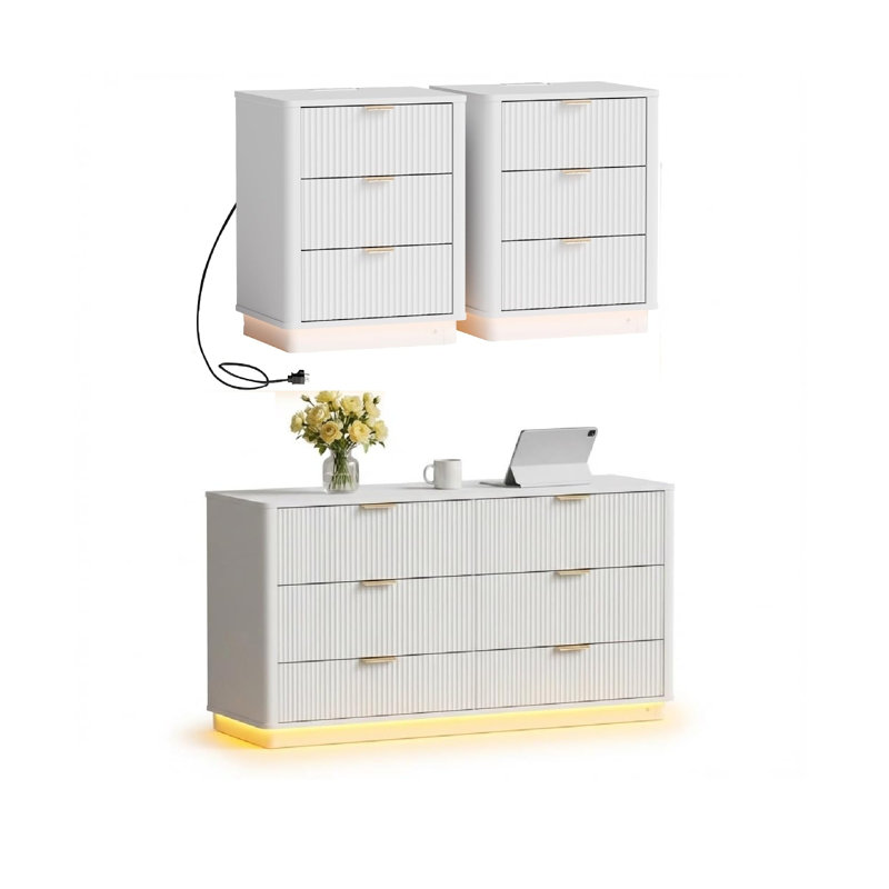 Ensemble de commode et table de chevet 3 pièces, ensemble de mobilier de chambre à coucher moderne Mid-Century avec lumières à détecteur de mouvement
