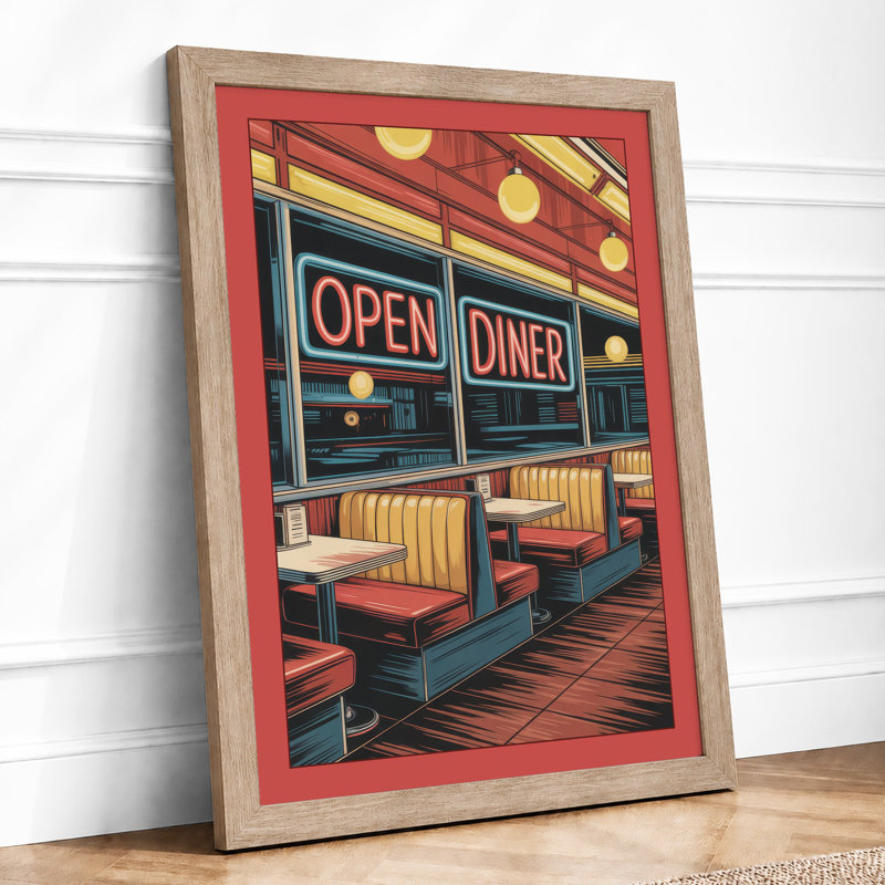 Neon Diner Glow Retro - Framed Print, A4 - 29.7 x 21.0 cm, Oak