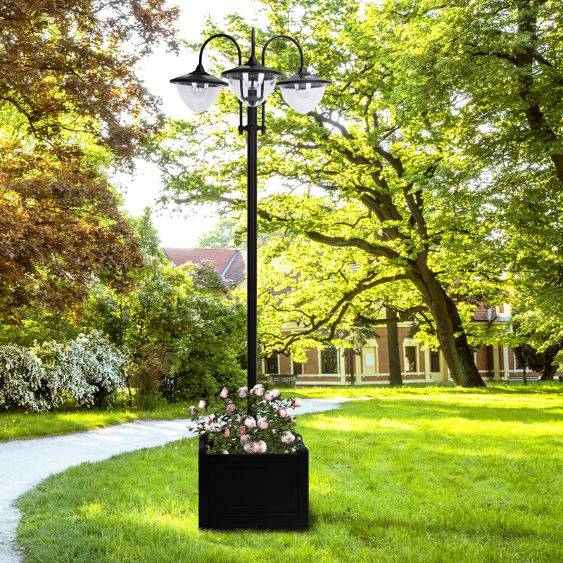 3 Solar Lamp Post With Decorative Planter - 74.5" Tall Automatic Outdoor Lighting, 6 Hour Max, Black Steel Base Design For Driveway & Garden