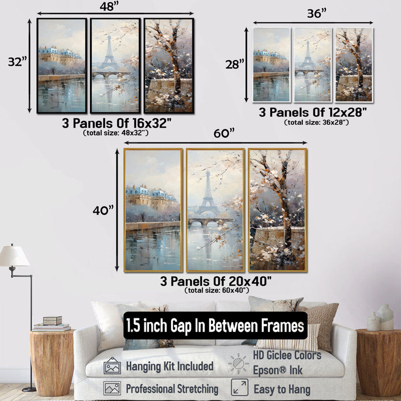 Hiver Paris, Tour Eiffel, ville, charme I - Art mural de Paris, H 28 po x l 36 po x P 1 po, Encadrement argenté
