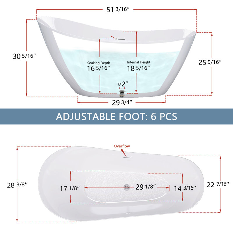 51" Acrylic Freestanding Bathtub Contemporary Soaking White Tub With Overflow And Drain