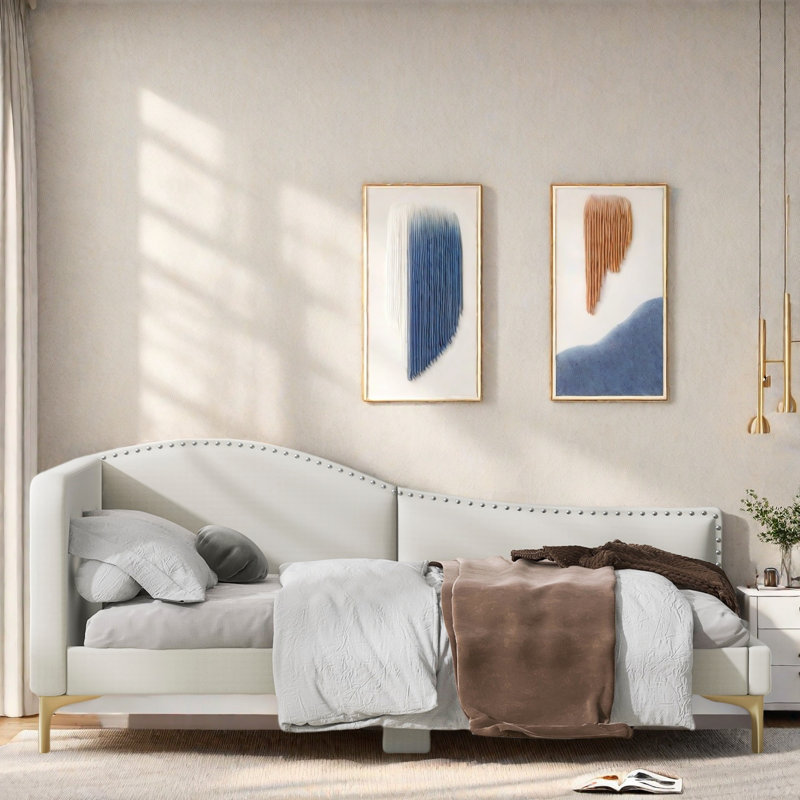 Upholstered Daybed With Headboard And Armrest, Beige, Twin