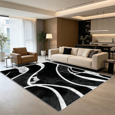 Tapis à motif géométrique abstrait en tourbillon noir et blanc de 1 pièce pour le salon, doux et confortable, adapté à toutes les saisons, facile à entretenir, lavable à la machine, tapis de dessous de table convenant à la table à manger, à la chambre à coucher, au vestibule, à la cuisine,