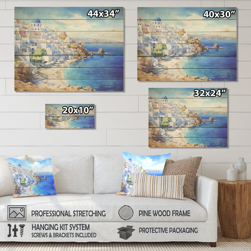 Grèce, Santorini, vue côtière III - Grèce sur bois, H 10 po x l 20 po