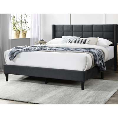 Contemporary Queen Bed Frame, Charcoal Brushed Linen Upholstery, Robust Wooden Slats Upholstered Bed, No Box Spring, Elegant Bedroom Piece
