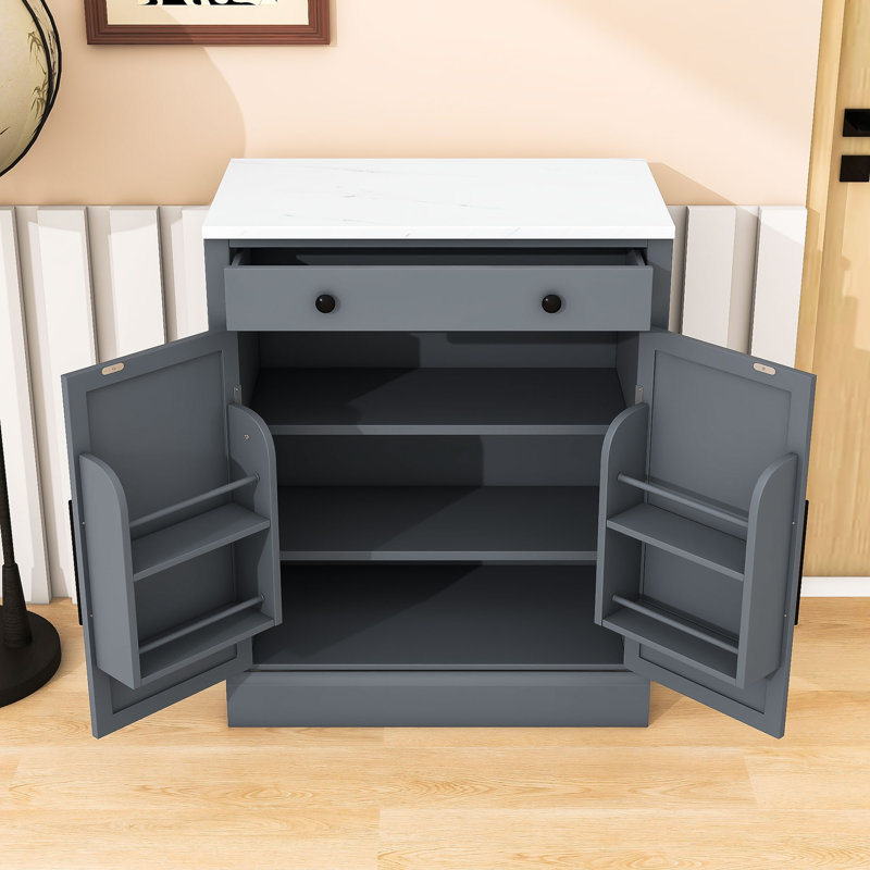 Chic Freestanding Storage Cabinet with Drawer, Adjustable Shelves and Faux Marble Top, Gray
