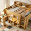 Lit mezzanine en bois avec plusieurs tablettes de rangement, bureau et DEL-129244042