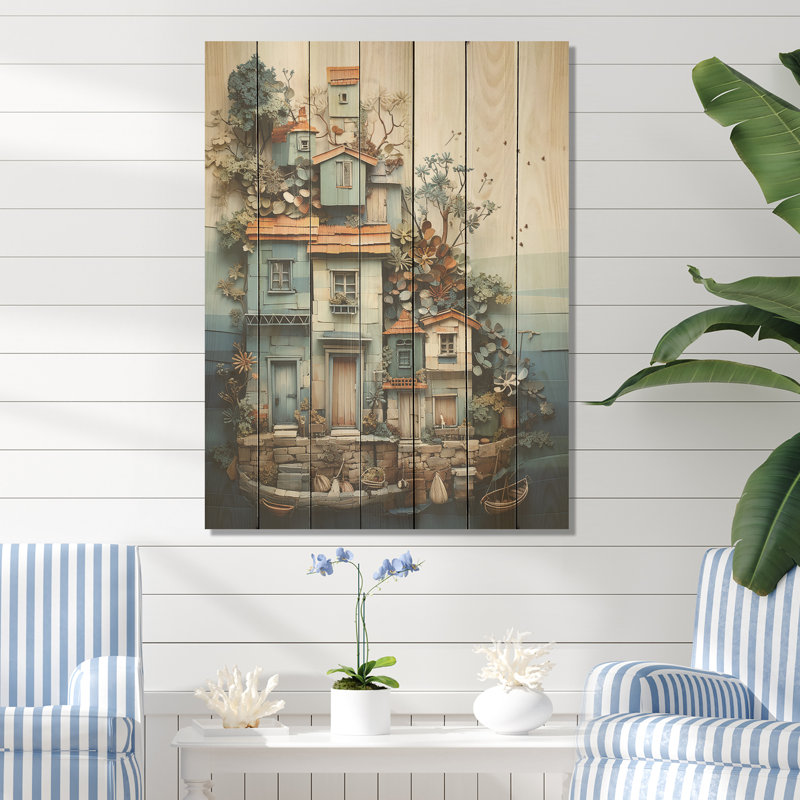 Centre de pêche moderne, collage II - fenêtres côtières sur bois, H 32 po x l 24 po