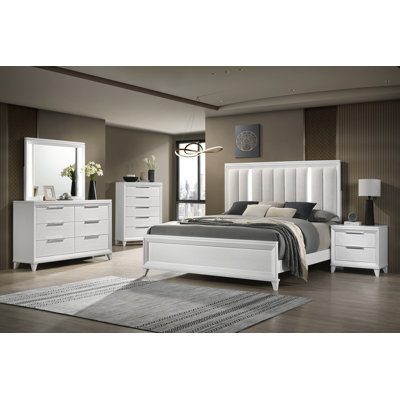 Contemporary Bed 2xNightstand 3pc Set Panel Bed Upholstered Cushion LED Lights Headboard White Finish Wooden Solid Wood Furniture