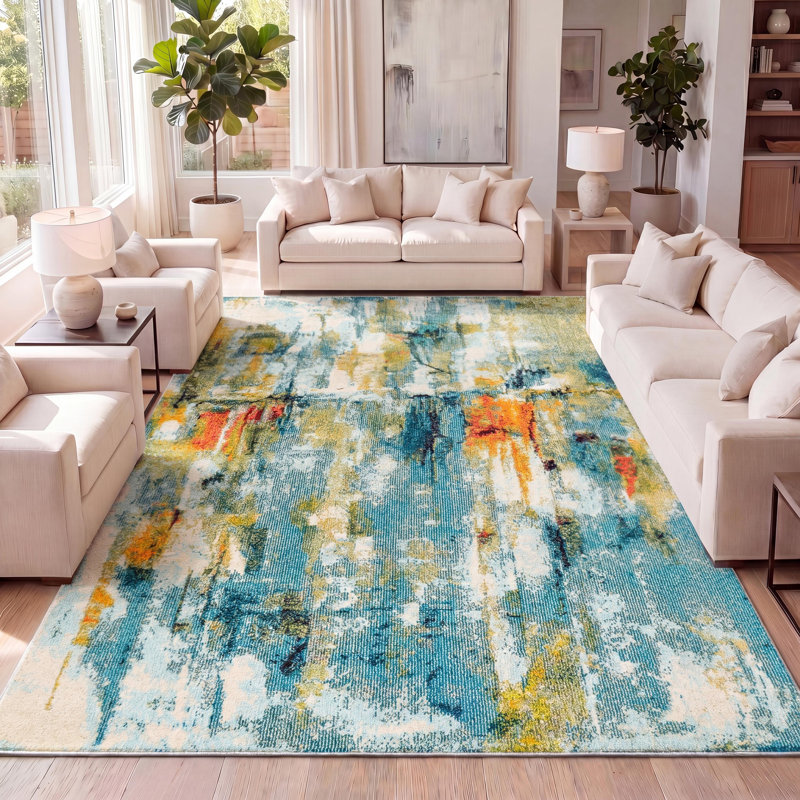 Tapis bleu / crème Lasley, Rectangle 3 pi x 5 pi