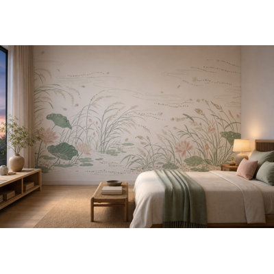 Lotus Pond Wallpaper Water Lilies Sage Green Removable Wall Decor