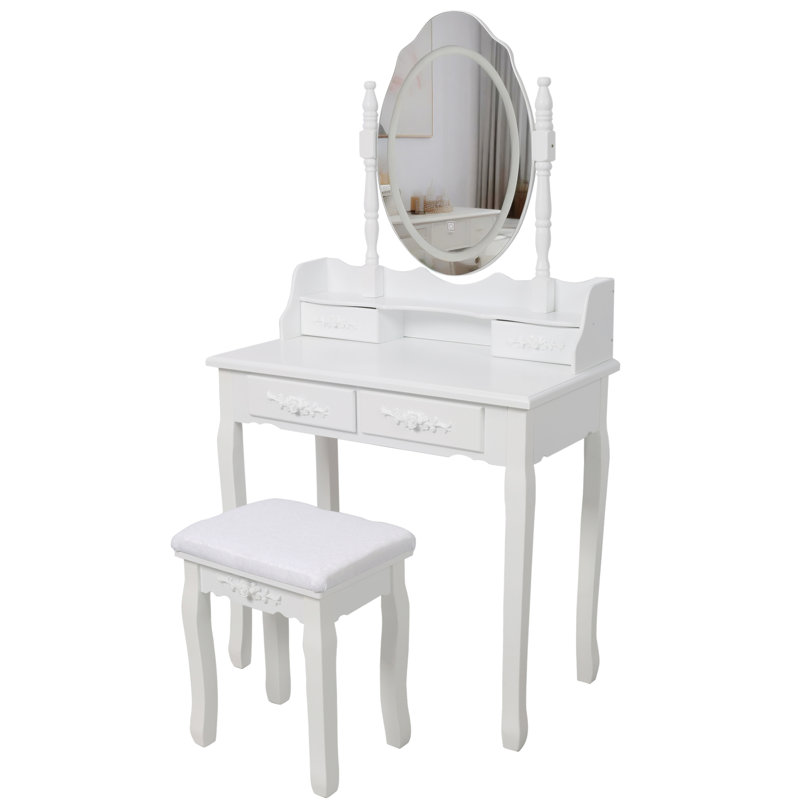 White Princess Vanity Desk Set With Mirror & Cushioned Stool,Light Modes,4-Drawer Wooden Makeup Vanity Table For Girls' Bedroom, Dressing Table With Ample Storage