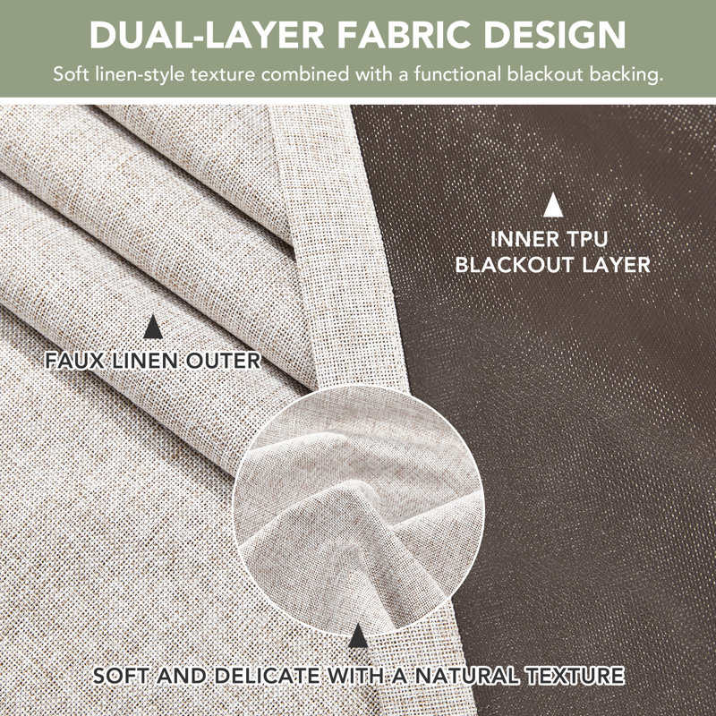 Linen-Look TPU Full Blackout Backing Curtains (Set of 2), 52" W x 108" L, Flaxen