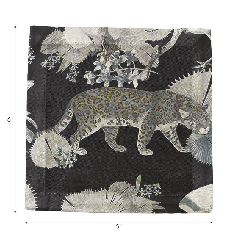 Leopard Walk Hemstitch Cocktail 6" Linen/Cotton Napkin, Black
