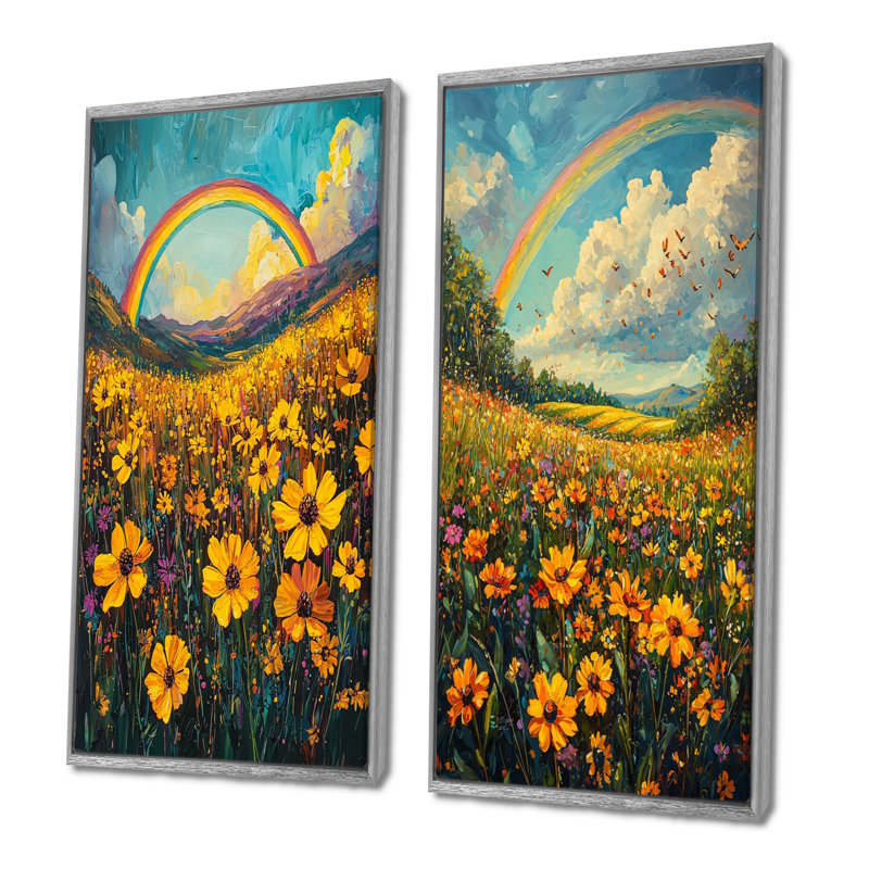 Rainbow Over The Meadow I - Collection d'art sur toile 2 panneaux, H 28 po x l 25 po, Encadrement argenté
