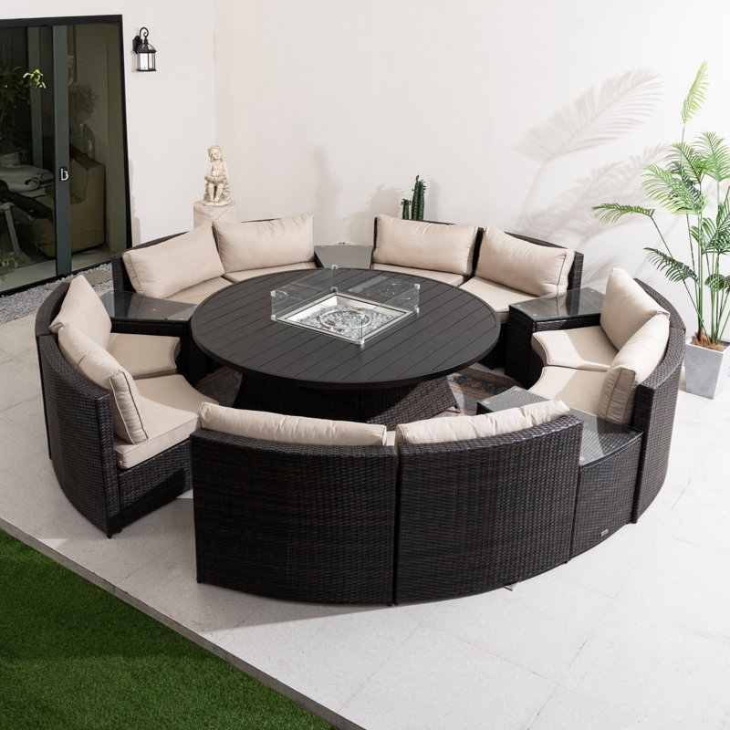 Ensemble de conversation d'extérieur en osier pour 10 personnes avec table foyer