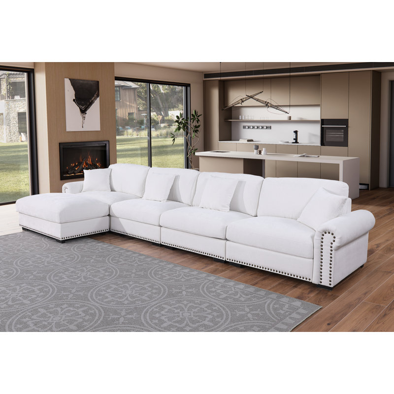 Canapé modulaire moderne en L avec repose-pieds mobile, Polyester blanc