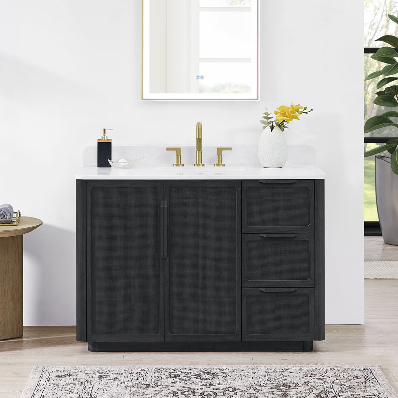Meuble-lavabo simple 48 po avec plateau en quartz blanc Busan, Chêne noir classique