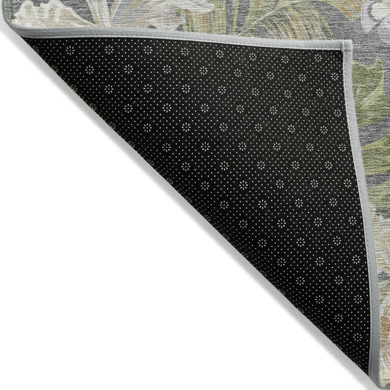 Tapis intérieur lavable 10 pi x 14 pi gris et vert olive à feuilles botaniques