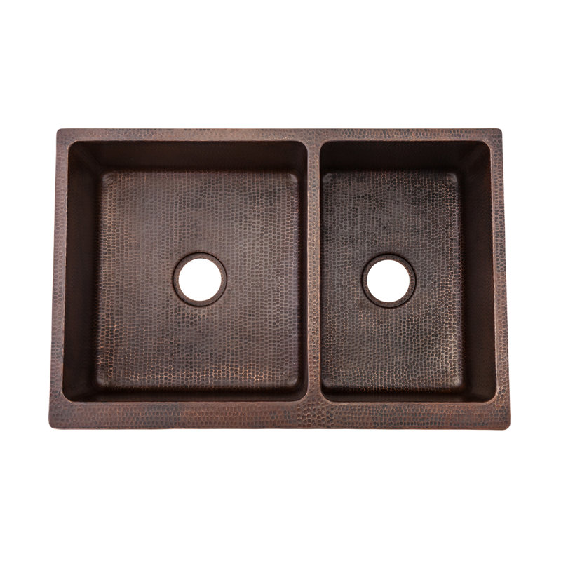 33" Hammered Copper Apron Front 60/40 Double Basin Kitchen Sink w/ Scroll Design and Nickel Background