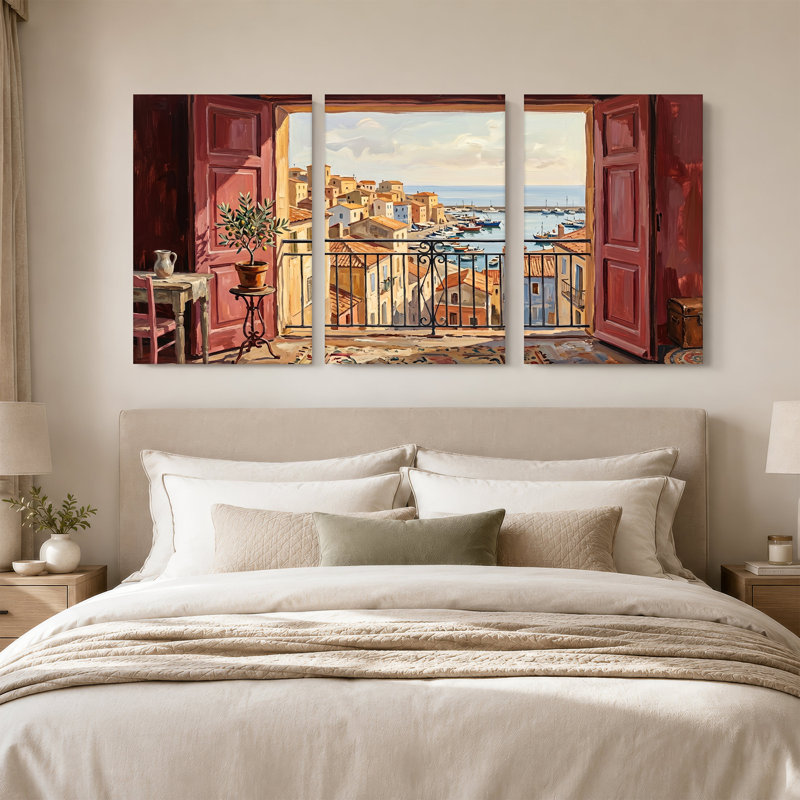 Ensemble de 3 toiles sur le port méditerranéen, 36"H x 24"W x 3pcs