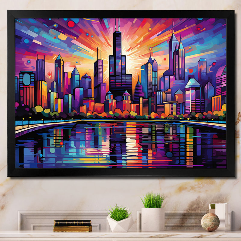 Pop Chicago Cityscape I sur impression sur toile, H 30 po x l 40 po x P 1,5 po, Cadre simple noir