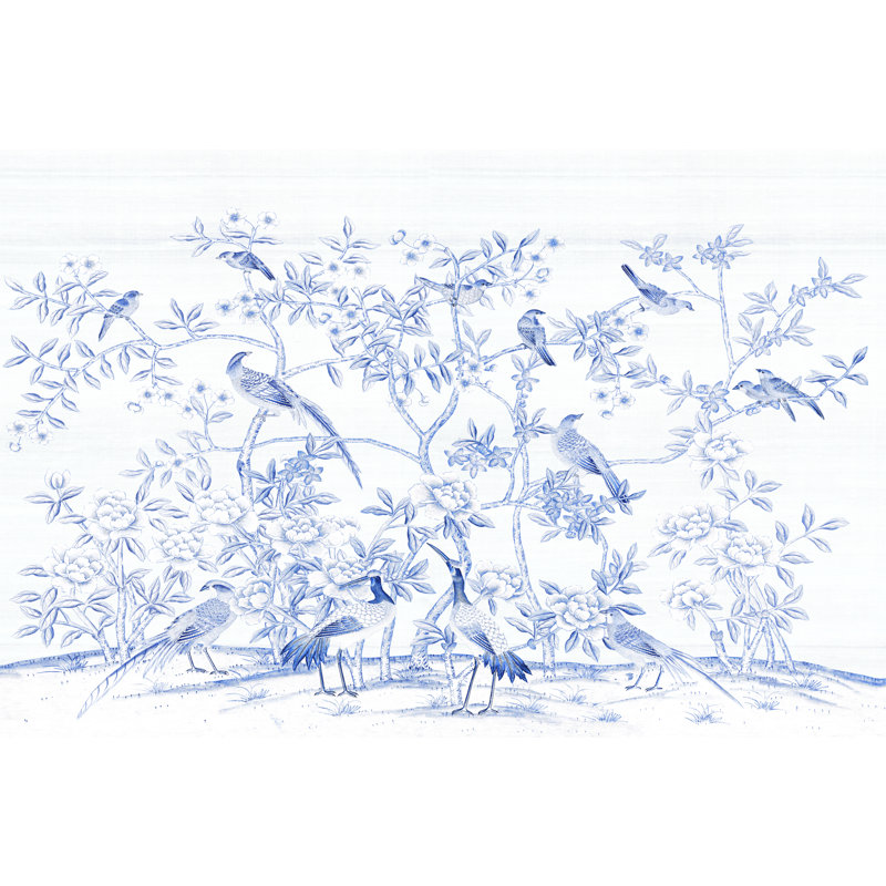 «Bird Party In Blue Porcelain» par Paul Montgomery - impression sur toile tendue, H 24 po x l 36 po