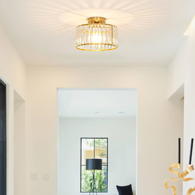 Plafonnier semi-encastré en cristal moderne avec finition dorée, lustre près du plafond pour le couloir, la cuisine, le vestibule et la chambre à coucher
