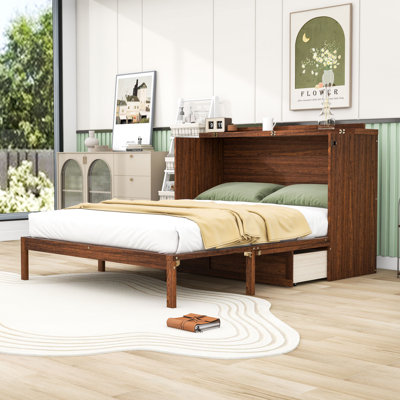 Grand lit escamotable en bois avec port USB, grand tiroir et lattes