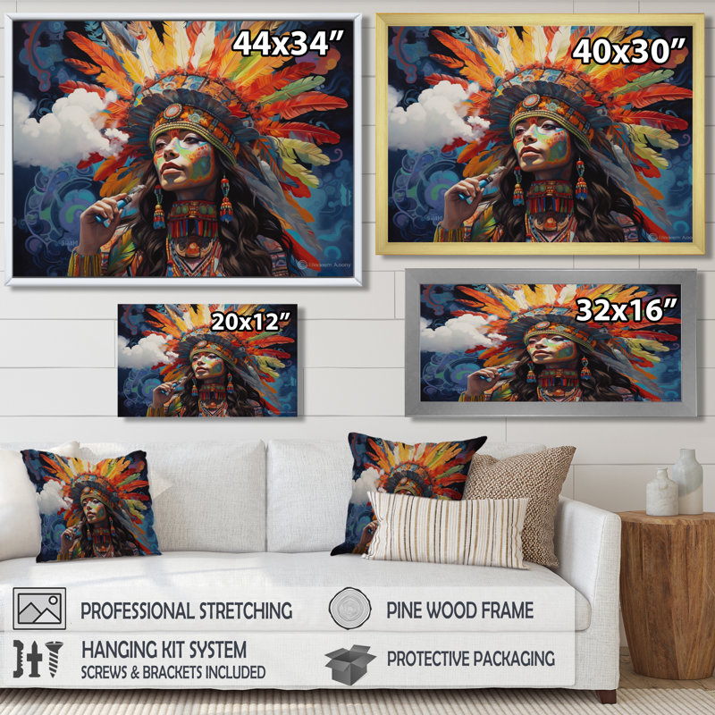Tribal beauté plume coiffe rétro I - femme amérindienne, impression d'art mural, Toile noire avec cadre flottant