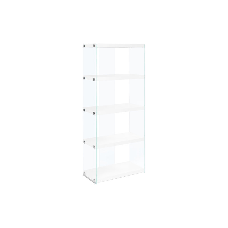 Bibliothèque à 5 niveaux avec poignées polies, blanc brillant et verre blanc, présentez le style de vos livres