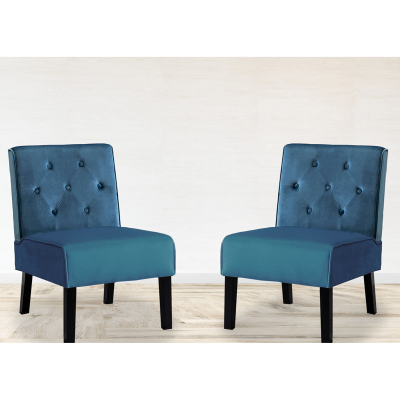 Fauteuil sans accoudoirs en velours bleu avec capitonnage à boutons et coussin en mousse, idéal pour le salon, la chambre à coucher et l'espace de bureau