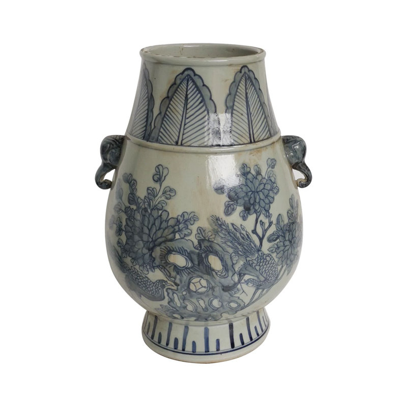 Pot à fleurs 13 po H en porcelaine bleue et blanche avec poignée éléphant