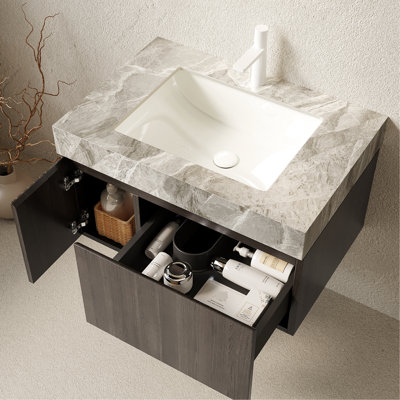 30" Bathroom Vanity & Sink, Floating Plywood Storage Cabinet With Drawer Door, Gray Sintered Stone Top, Ceramic Basin, 1 Pre - Drilled Faucet Hole, Assembled, Color, Style Luxury, Scratch , Water