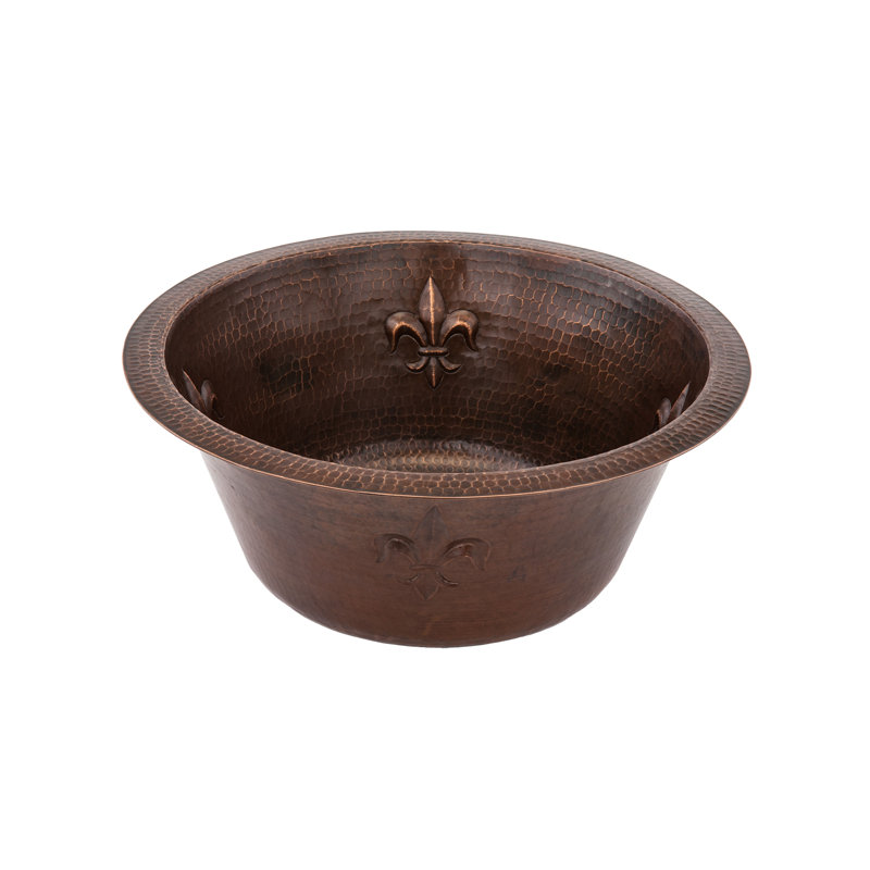 16" Round Copper Prep Sink w/ Fleur De Lis and 3.5" Drain Opening
