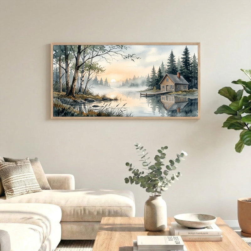 Ensemble de 1 tableau sur toile représentant un chalet au bord d'un lac, 40“W x 20”H, Naturel