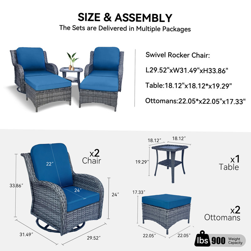 Ensemble de meubles de patio en osier - Ensemble modulaire d'extérieur en rotin 5 pièces avec chaises berçantes pivotantes, repose-pieds et table d'appoint pour le jardin