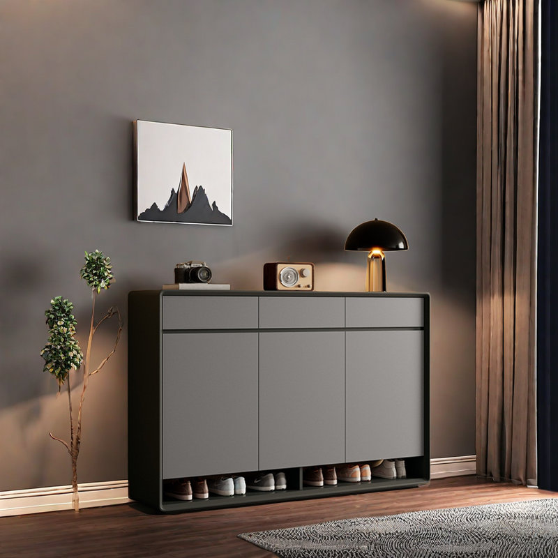 Simple armoire à chaussures en bois massif, Gris / noir