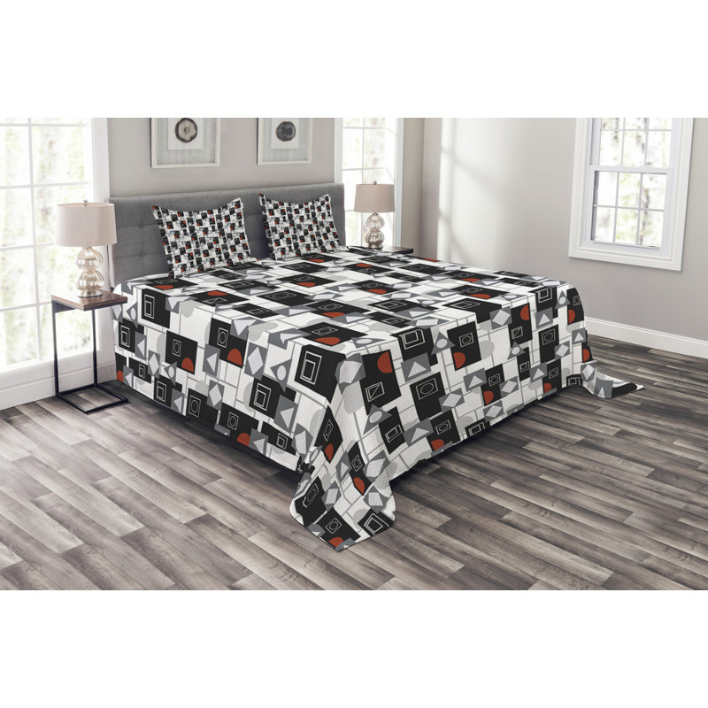 Rounds Rectangles and Triangles Modernistic Bedspread Set, 220 x 264 cm